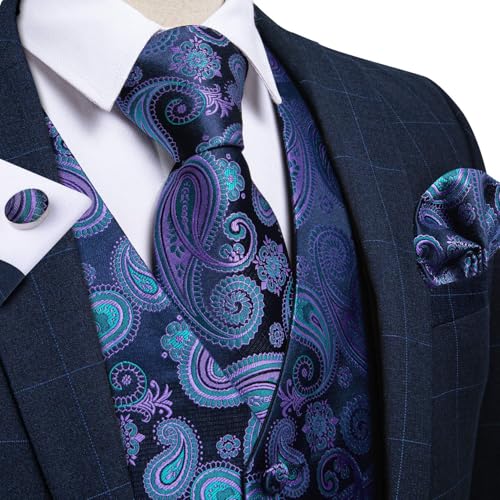 Image of DiBanGu Mens Vest and Tie Set Formal Paisley Waistcoat and Necktie Pocket Square Cufflinks Silk Suit Vest for Tuxedo Wedding