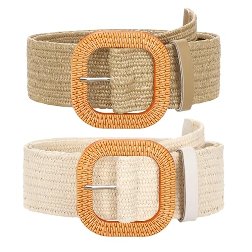 Image of SUOSDEY 2 Pack Straw Woven Elastic Belt Braided Stretch Wide Boho Rattan Waist Belt for Women Dresses, 02-khaki+beige, Fit Waist up to 35''