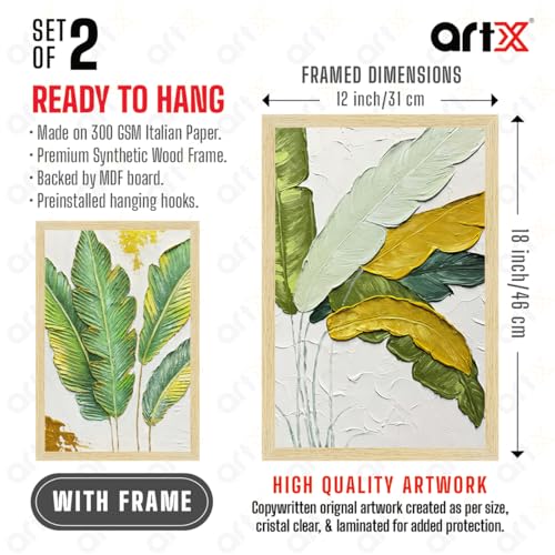 Image of ArtX Paper Leaf Paintings For Living Room, Bedroom, Multicolor, Natural Wood Color Frames, 12.0 x 18.0 inch, Set of 2