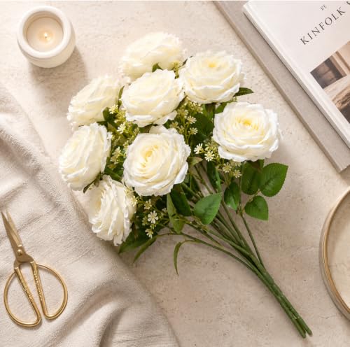 Image of Divyakosh Artificial Flowers Bunch (Vase Not Included). Artificial Flower for Vase, Flower Bouquet Gift, 9 White Rose Bouquet, Luxury Artificial Flower Arrangement for Living Room, Office