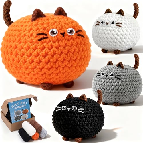 Joyclub 4 Pcs Crochet Kit for Beginners Crochet Starter Kits for Adults and Kids Great Christmas Gifts for Crocheting Lovers with Step by Step Video Amigurumi Cat Family Knitting Kit DIY Cra