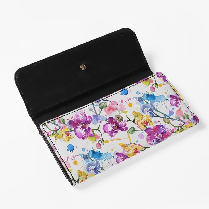 PU Leather Orchid Flowers Trifold Wallets for Women Watercolor Painting Floral Tall Billfold Cash Wallet with Zipper Coin Pocket White Long Money Manager Leather Wallets2
