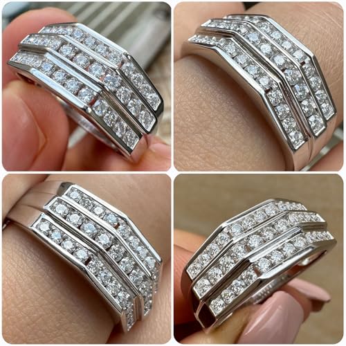 D Color VVS1 Moissanite Mens Wedding Band 925 Sterling Silver Triple Row Round Cut Weddin Rings for Men Statement Size 9-122