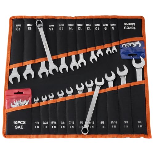 Image of VEVOR Combination Wrench Set, 42-Piece SAE and Metric, 12-Point Box End and 15 Angled Open End Combination Wrenches with Roll Up Pouch, Carbon Steel, for General Household and Automotive Repairs