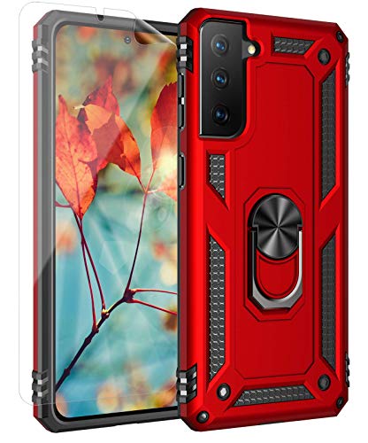 MMY Compatible with Galaxy S21 Case with HD Screen Protector [ Military Grade ] 15ft Drop Tested Magnetic Kickstand Cover Case for Samsung Galaxy S21 5G 6.2 Inch Phone (Red)