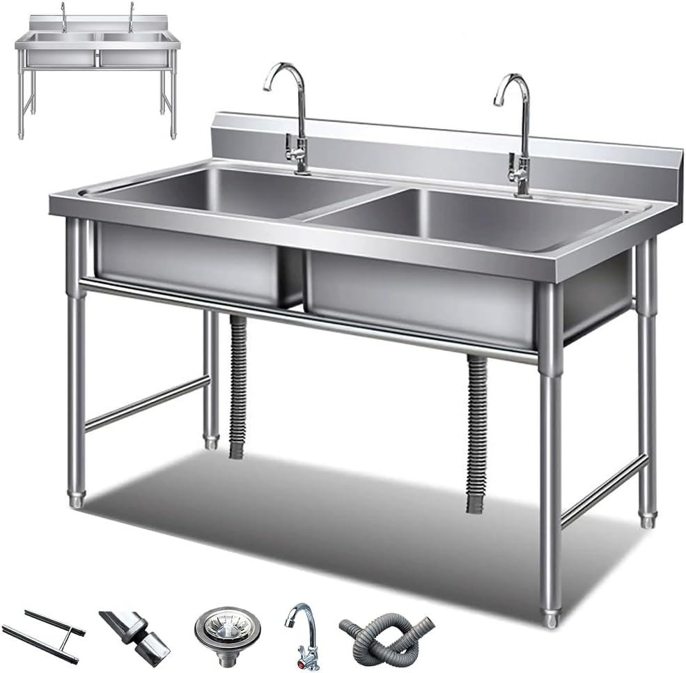 Stainless Steel Sink-Commercial Kitchen Sink Stainless Steel Double Bowl with Cold Water Faucet, for Restaurants, Factories and Schools,（Size_Name,100 * 50 * 80cm）