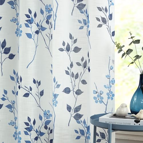 Image of Beauoop Floral Linen Semi Sheer Curtains Living Room Blue Navy 50x63 2 Set