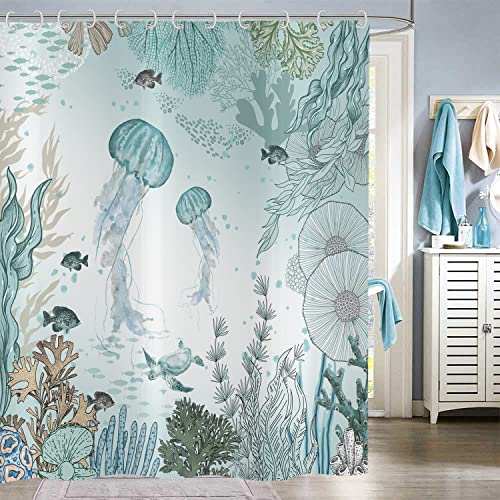 Hnmdmyi Rideau de Douche méduse 180x200, Côte Nautique Poissons tropicaux Corail Turquoise Océan Thématique Vie Marine sous-Marine Rideau de Baignoire...