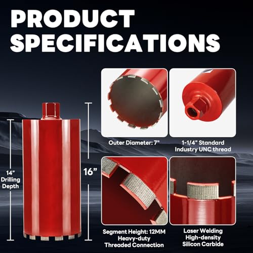 Image of Premium 7 inch Wet Core Drill Bit for Hard Concrete with High-Density Diamond, Precision-Welded Segments, 1-1 /4 inch-7 Thread x 14 inch Depth, Industrial Grade for Concrete Rebar, Brick, Masonry, Pavers
