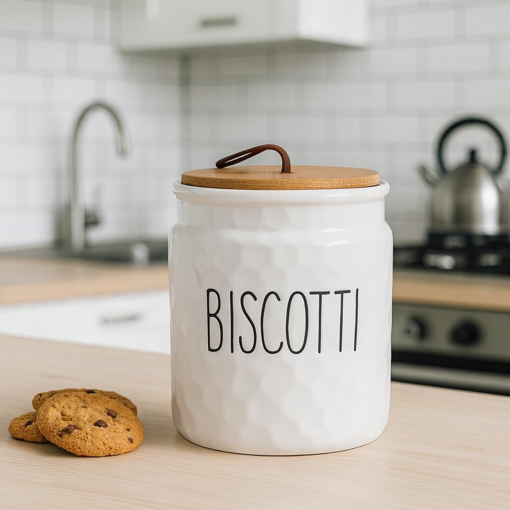Barattolo Biscottiera, Porta Biscotti, Contenitore Cucina, in Ceramica Effetto Martellato, Tappo in Legno