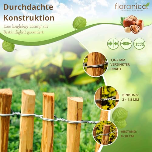 Floranica Staketenzaun aus Haselnuss 5 m lang x 100 cm hoch, Lattenabstand 4-6 cm Rollzaun Gartenzaun Gartenbegrenzung, Hundezaun