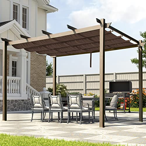 MEWAY Outdoor Pergola Modern Yard Pergola with Retractable Canopy 10x13 Patio Aluminum Pergola Shelter,Brown