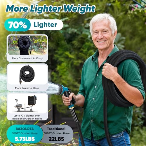 Image of Garden Hose 100FT Non-Expanding, Lightweight Hose With 10-Function Nozzle, Leak-Proof No-Knot, Easy to Carry, Wear-Resistant, Sturdy 3 /4GHT Flexible Water Hose for Outdoor (Black）