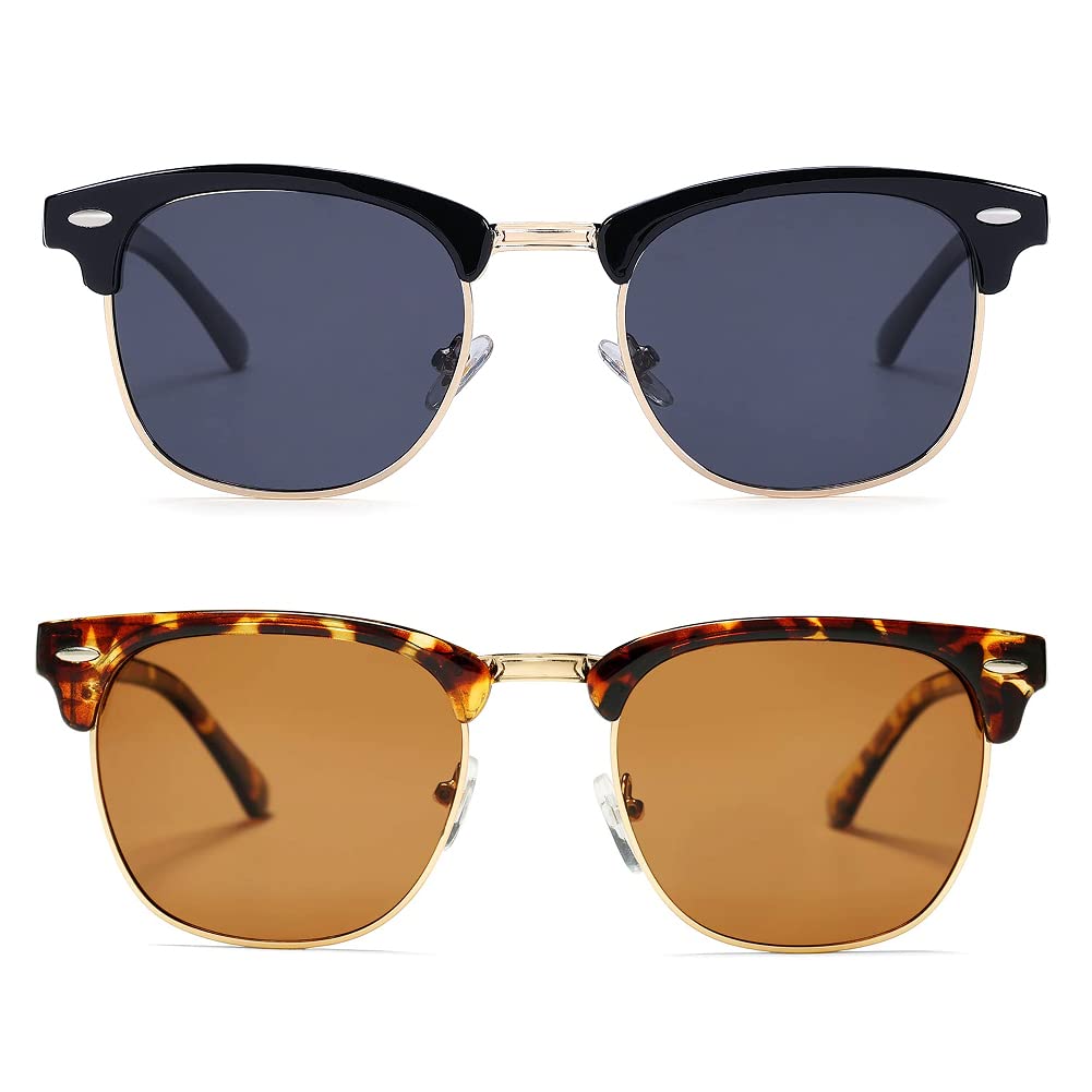 Pro AcmeClassic Semi Rimless Polarized Sunglasses with Metal Rivets, Black/Gold + Tortoise/Brown 2pcs