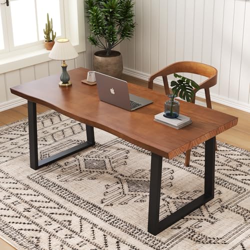 wangbochuan 47 Solid Wood Live Edge Computer Desk - Rustic Vintage Industrial Brown Work Desk Modern Minimalist Home Office Desk Writing Study Office Table for Professional & Learning Use