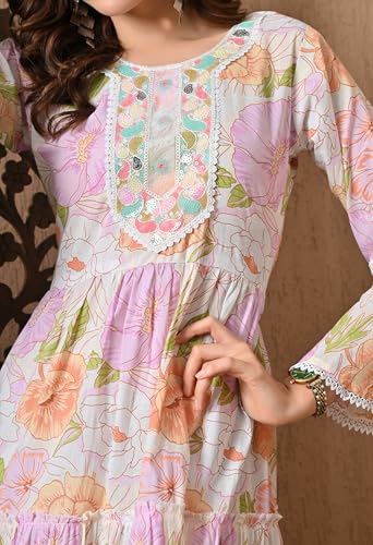 Image of LIBOZA 100% Cotton Floral Print Tiered Midi Dress, Bell Sleeves, Lace Trim Detail, White and Multicolour for Women, Office, Party, All Occassions