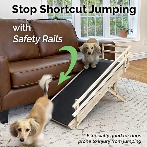 Dog Ramp for Couch with Safety Rails - Adjustable from 14" to 21" with Anti-Slip PAWGRIP & Convenient Platform Top - for Small Dogs up to 150lbs - Made of Solid Hardwood in North America