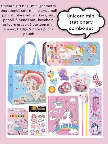 Image of 15 Pcs Unicorn Gift Combo Set For Girls Kids Unicorn Theme Gift Bag Stationery Set Age 6-8 Years 10-12 Year I Diary, Stickers, pen, pouch, scale, badge, Eraser, Wallet & Carry Bag (rose pink)