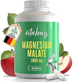 Vitabay Tabletki z jabłczanem magnezu, wegańskie i testowane laboratoryjnie 180 sztuk po 1000 mg malanu magnezu (450 mg elementarny) kapsułki z wysoką dawką magnezu