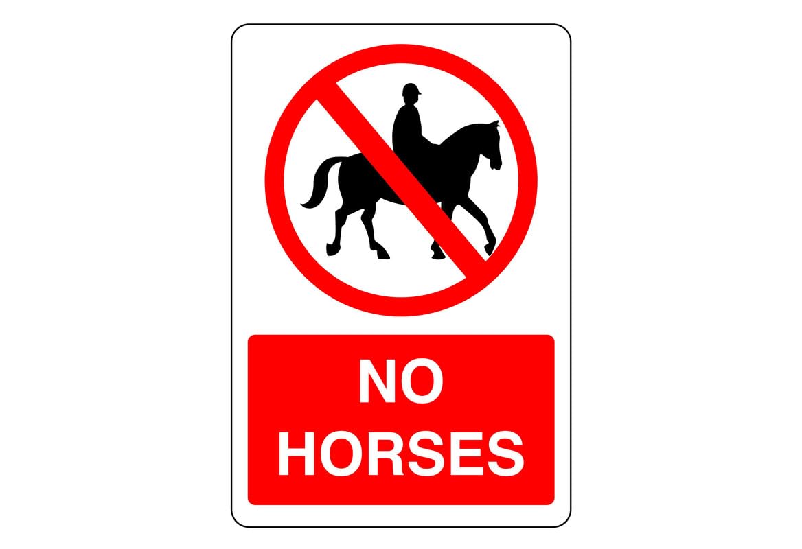 Safety First Display LTD No horses sign - 1.2mm Rigid plastic for indoor/outdoor usage (400mm x 300mm) Viewing Distance within 14m.
