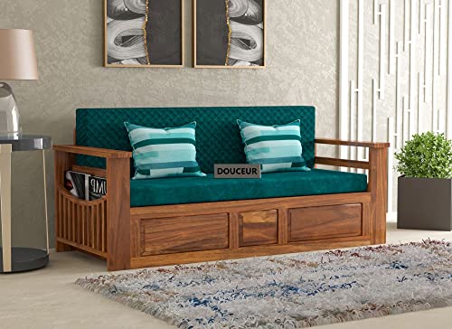Image of Douceur Furnitures Solid Sheesham Wood Wooden Frame Three 3 Seater Sofa Cum Bed for Living Room,Hotels,Apartment & Hall | Finish:-Natural Finish | Cushion:-Bottle Green