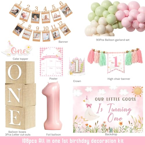Party Inspo One Silly Goose Birthday Decorations Girl – 108 PCs Silly Goose Birthday Party Supplies with Banner, Balloon Garland Set, Cake Topper, Backdrop, Number 1 Foil Balloon, Boxes, Poster, Crown by Party Inspo - Image 2