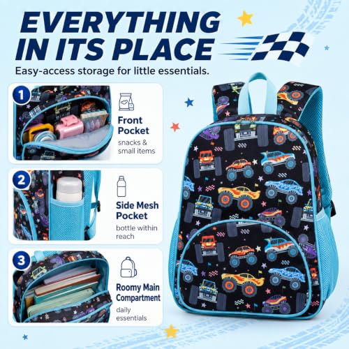 Image of LOIDOU Kids Preschool Backpack for Boys, 15 Inch Monster Truck School Bag, Lightweight Water-Resistant Kindergarten Backpack with Chest Strap for Ages 3-6