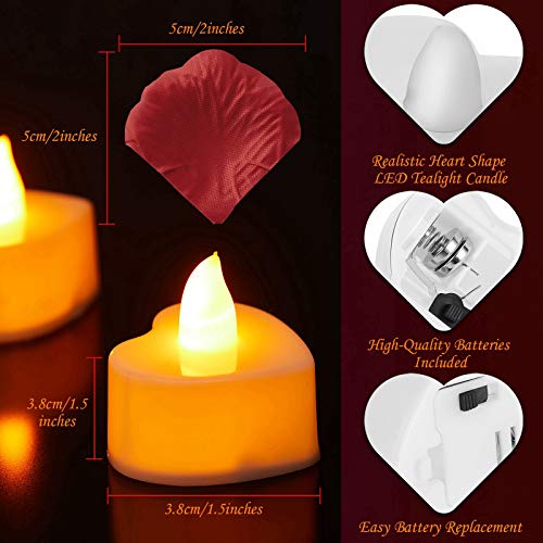 Image of Honoson 1000 Pieces Artificial Yellow Rose Petals with 24 Pcs Flameless Heart Shaped LED Tealights Candles Special Romantic Night Decorations for Proposal Wedding Anniversary Table Decor