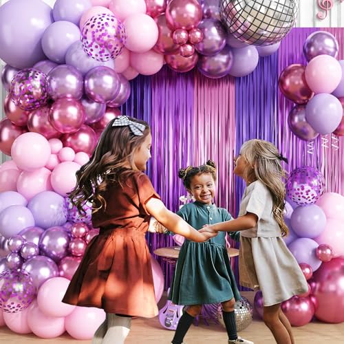 Image of Purple Pink Balloon Garland Arch Kit Birthday Party Decorations, Music Themed Foil Fringe Curtains Backdrop Tinsel Streamer Photo Booth Props for Butterfly Galentines Day Wedding Party Decor Supplies