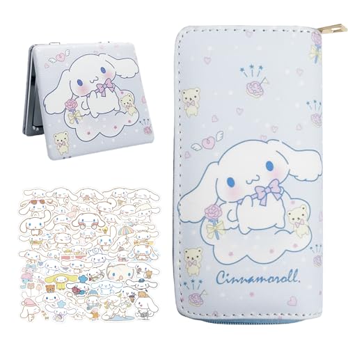 Image of Kawaii White Dog Wallet with A Mirror and Stickers, ID Card Holder Purse Pouch with Zipper, Cute PU Wallet Durable Card Holder Credit Card Holder Money Bag for Students Teens Girls Boys