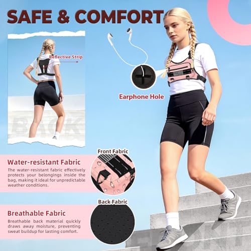 Image of Muserise Sports Chest Bag For Men Women, Water Resistant Lightweight Front Chest Pack, Running Vest Bag With Built-In Phone Holder & Extra Storage For Workouts, Running, Cycling (Pink)