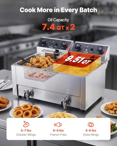 Image of VEVOR Commercial Deep Fryer, Stainless Steel Countertop Fryer with Baskets & Lids, Temp Control, Overheat Protection, for Commercial Restaurant, Double Fryer with Oil Filtration-19 Qt