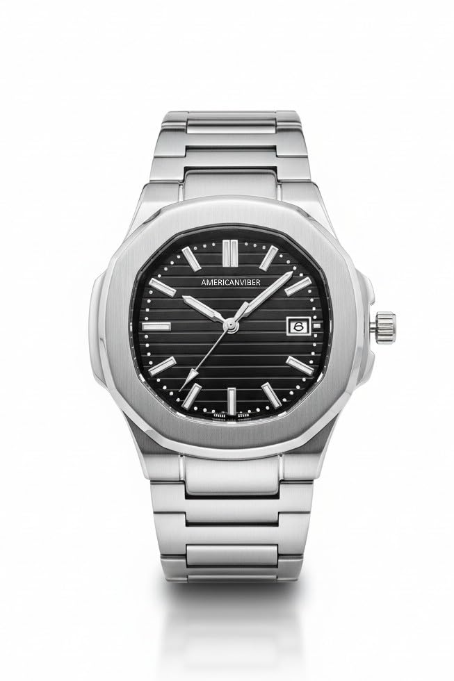 Image of AMERICANVIBER Glossy Stainless Steel Analogue Watch for Men | Black Dial, Date Function & Adjustable Lock | Premium Watches Under 499