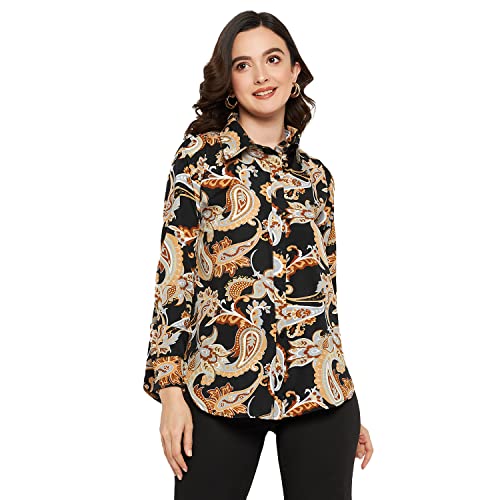 Image of Fashfun Women's Shirt (Floral Pink Crepe Top with Mandarin Collar & Full Sleeve)