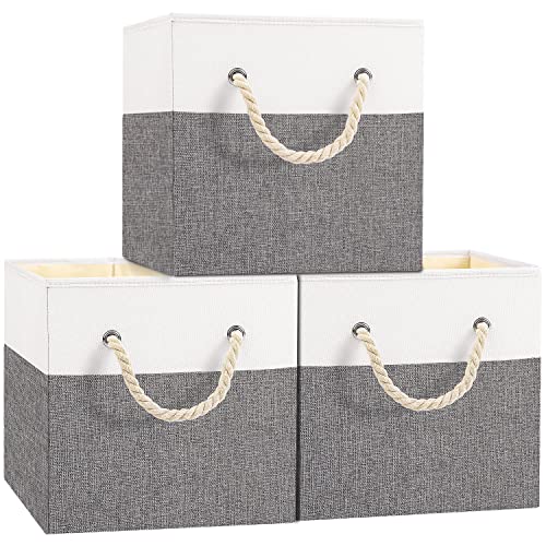 Yawinhe Cajas Almacenajes Plegables, Organizador Armario, Cubos de Almacenamiento de Tela, para Estantes, Ropa, 33x33x33cm, Gris/Blanco, 3-Pack