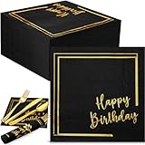 SiliFine 300 Pack Black and Gold Napkins Disposable 4- Ply Happy Birthday Paper Cocktail Dinner Napkins with Gold Trim Lined for Birthday Holiday Party