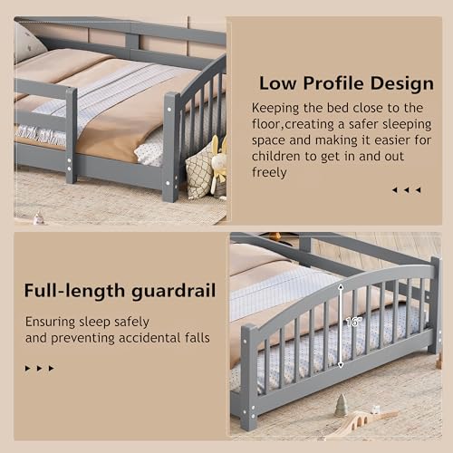 Image of Bellemave Twin Size Kids Montessori Floor Bed,Twin Size Floor Bed Frame with Slats and Safety Guardrail,Solid Wood Montessori Bed for Girls Boys,Gray