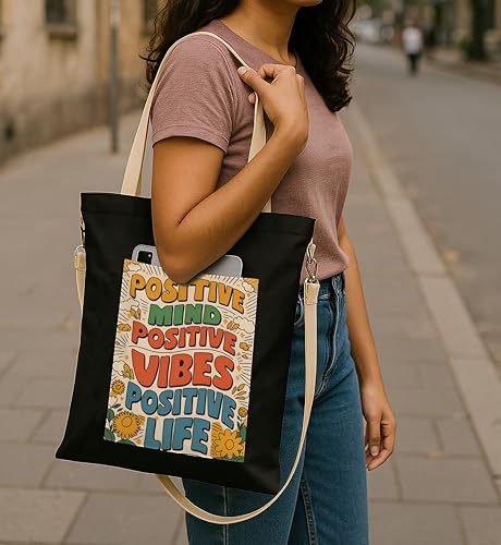 Image of ZORI Black Sling Tote Bag With Pocket and with Beige Straps, Tote Bags For Women large capacity,Tote bag For Shopping, College, Travel, More Canvas Handbag For Unisex