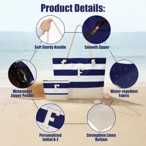 Image of Vavabox Initial Beach Tote Bag for Women, Water-resistant Gifts for Women | Soft Foldable Sandproof Travel Beach Bag Set, Birthday Gifts for Daughter