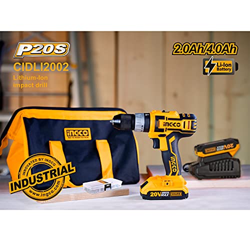 Image of INGCO CIDLI 2002 Lithium-ion Impact Drill Cordless 18+1+1 Torque Settings 22500 /min Impact Rate 2.0 Ah Battery 2 Speed Gear CR-V Bits Compact Kit for Home Improvement & Industrial Use
