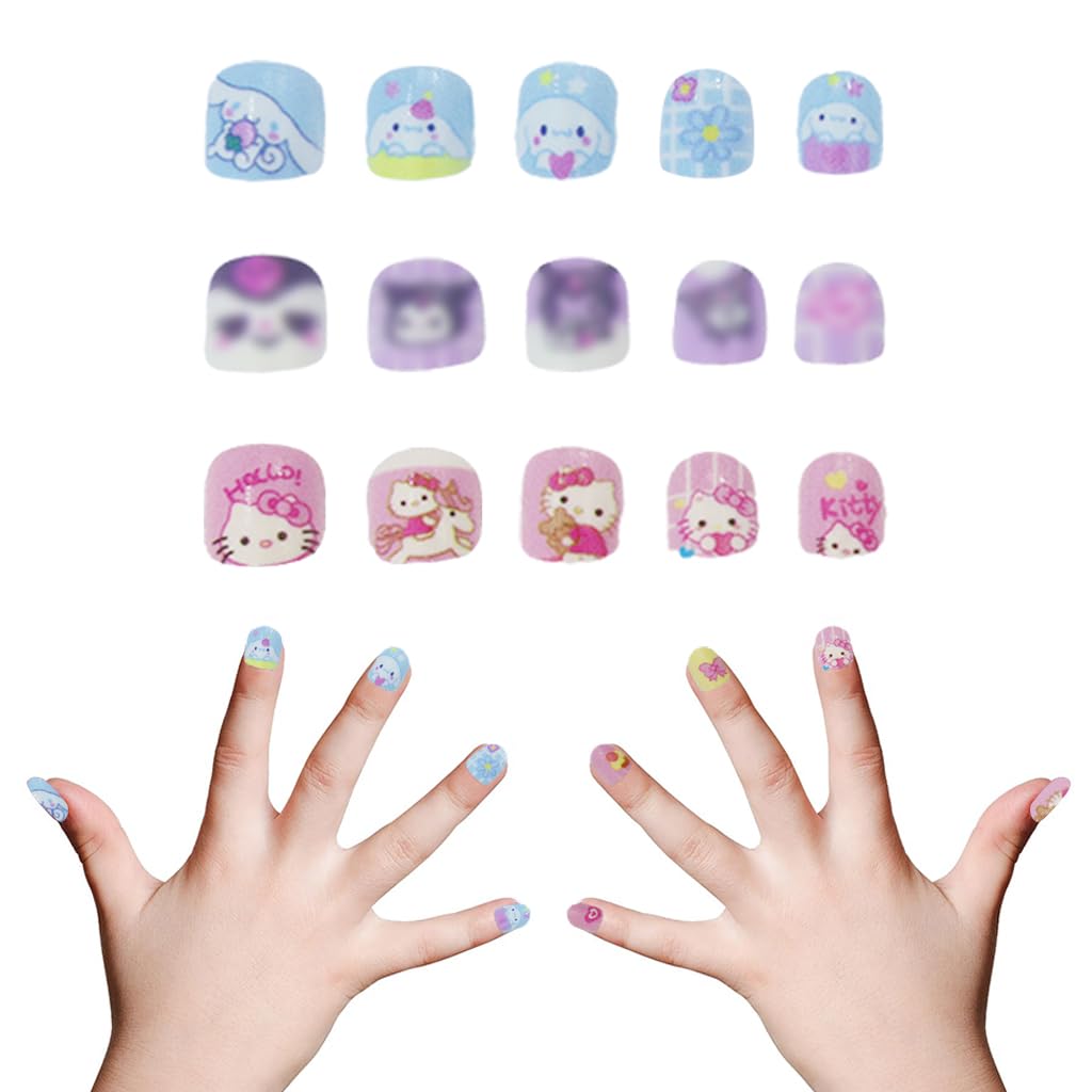 MAYCREATE® 36PCS Kids Press on Nails Children Fake Nails, Rabbit Short Press on Nails Artificial Nail Tips Adhesive Full Cover Short False Fingernails for Girls Kids Nail Decoration