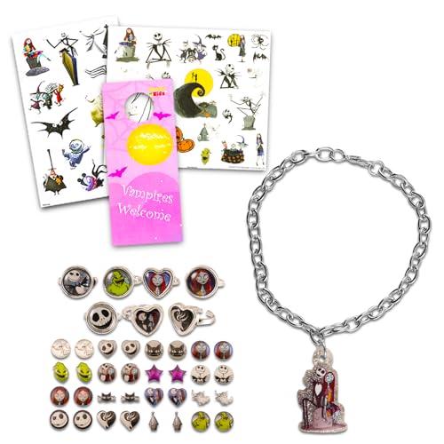 The Nightmare Before Christmas Jewelry Set - Bundle with Jack Skellington and Sally Charm Bracelet, Rings, Sticker Earrings, and More for Kids