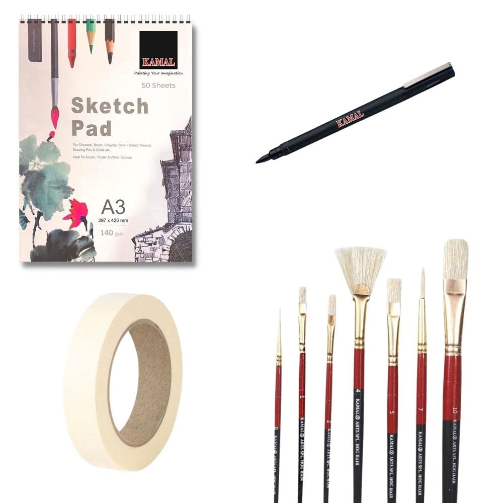 KAMAL Artist Quality Mix Hog Hair Brush Set Combo with A3 Sketch Pad, Masking Tape and Fine Liner Pen for Acrylic Painting, Oil Painting, Modern Art Painting.