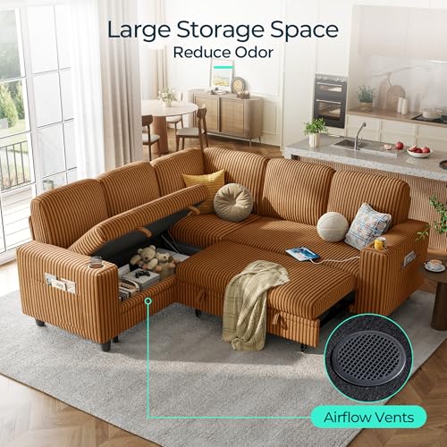 Image of LINSY HOME Sectional Sleeper Sofa with Pull Out Couch Bed - Convertible Plush Corduroy Cloud Couch with Storage Chaise & USB Charging, Comfy L Shaped Modular Couches for Living Room Apartment, Brown