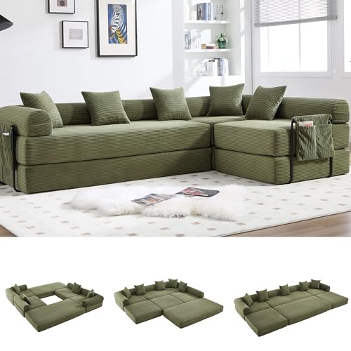 Image of L-Shape Modular Sectional Sofa Bed, Corduroy Boneless Couch, Olive Green