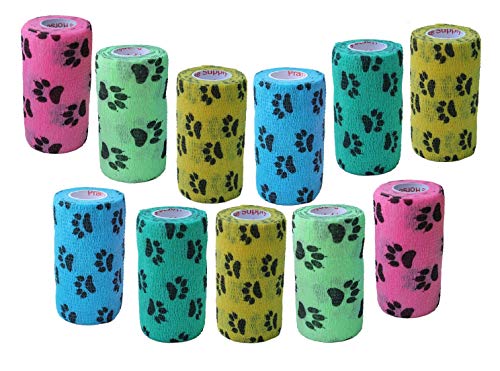 Image of Prairie Horse Supply 4 Inch Vet Wrap Tape Bulk (Paw Prints Variety) (Pack of 12) Self Adhesive Adherent Adhering Flex Bandage Grip Roll for Dog Cat Pet