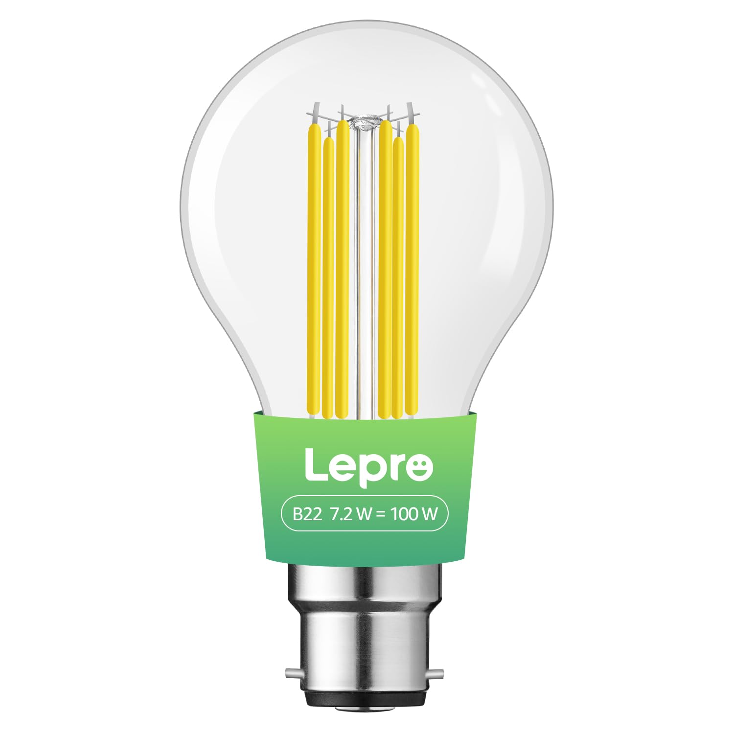 Lepro White B22 Bayonet Light Bulb, A-Rated Ultra-Efficient Led Bulb, 7.2W = 100W, 1521Lm, 2700K Warm 50000H Lifespan, Clear Filament, Vintage Glass, Non-Dimmable