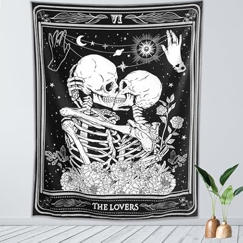 KJHL The Lovers Skull Wall Tapestry Black and White Skeleton Tapestry Gothic Room Decor Witchy Tapestries Aesthetic Wall Hanging for Bedroom Living Room 60" x 44" Cover