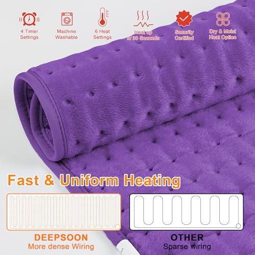 Image of Deepsoon Heating Pad,Electric Heating Pads for Back,Neck,Moist Heating Pad for Abdomen Shoulder Knee Legs,Dry /Moist Heat&Auto Shut Off,Mother's Day Birthday for Men and Women,Dark Purple,24x12 Inch
