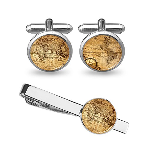 ZUNON World Map Cufflinks Wedding Personalised Gifts for Father Grandfather Dad Tie (World map Cufflinks and Tie Clip Silver)